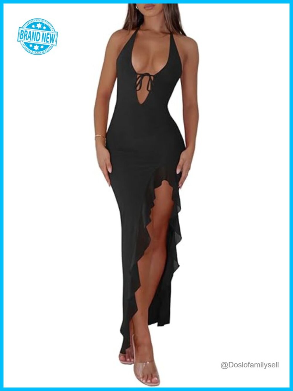 Halter V Neck Maxi Dress Mesh Ruffle Hem Backless High Slit Bodycon Cocktail